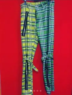 パンクロックアシンメトリータータンチェックZIPパンツライムグリーン×グリーン パンクロックアシンメトリータータンチェックZIPパンツライムグリーン