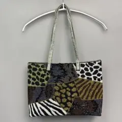 ビーズ　アニマル柄　ハンドバッグ　パッチワーク　肩掛け　カバン　本革　レザー