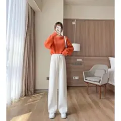 ワイドパンツ ゆったり　韓国　ゆったり　美脚　着痩せ　無地　白　カジュアル　ゴム