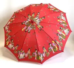 昭和レトロ【64cm】子供用 雨傘 長傘 手動傘 オシャレ少女柄 赤 No.11