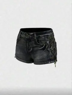 ダークデニム レースアップショートパンツ SHEIN