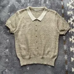 希少 襟付き 半袖 サマーニット 刺繍 ベージュ レトロ 金ボタン 古着