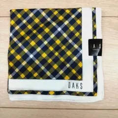 DAKS イエロー×ネイビーチェック柄 ハンカチ 55cm 　スカーフ　ひざ掛けのサムネイル