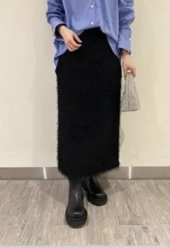 ミラオーウェン後ゴムフリンジジャガードストレートスカート　ブラック