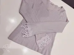 薄紫 リブ編みニット レース袖