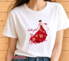 赤いフラガールTシャツ・M♡フラダンス ハワイアン♡フラワー 花♡白 半袖のサムネイル