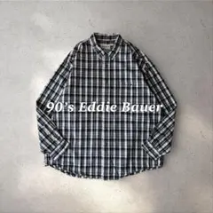 90’sEddieBauerボタンダウンシャツXL白紺チェック白タグ長袖
