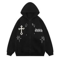 【HOOK】クロスと炎刺繍ジップパーカー