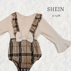SHEIN ベビー チェック柄 フリル フロントリボン ロンパース カーキ