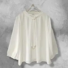 七分袖トップス ブラウス シフォン ボウタイ オフィス キレイ目 白 L