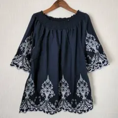刺繍ブラウス シャツ 七分袖 花 フラワー ネイビー 紺　Y