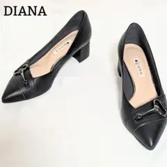 極美品◎DIANA パンプス 金具 レザー フォーマル 通勤 太ヒール 23 黒