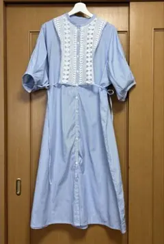 ストライプ×レース切替バンドカラーシャツワンピース