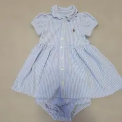 美品。ラルフ・ローレン 水色ストライプロンパース 9M
