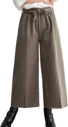 ✪ワイドパンツ　グレーブラウン　七分丈　ウエストリボン付　ストライプ