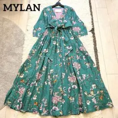 MYLAN マイラン⁑リネン フリルラップドレス　カシュクールロングワンピース MYLAN リネンラップワンピース カシュクールドレス ハートプリント