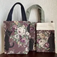 ハンドメイド　バッグ　スマホショルダーバッグ　ミニバッグ　黒猫柄　花柄　バラ柄