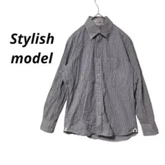 【スタイリッシュモデル】長袖シャツ チェック柄 黒白 紫(M)