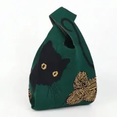 猫柄ニットバッグ　グリーン