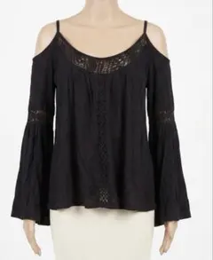 【FOREVER 21】レース切替 オフショル風 長袖ブラウス 黒 S