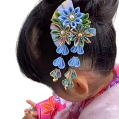 髪飾り 七五三 つまみ細工 かんざし 花飾り 和装 3歳 ７歳 ヘアクリップ水色