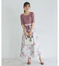 ウエストりぼん付きリブニット×フラワープリントドッキングワンピース