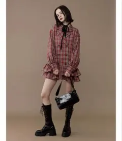 jouetie ヘムフリルトレンチミニワンピース 春服 赤チェック - メルカリ