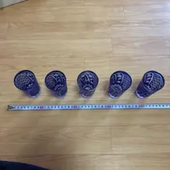 【食器】青色花柄彫刻ガラスコップ5個セット