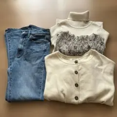 MOUSSY UNIQLO ホワイト カーディガン デニムパンツ　セット