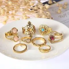 q61 8点リングセット♪新品★オシャレヴィンテージ系♪韓国　豪華ゴールド486