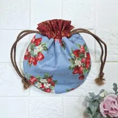 ハンドメイド　まんまる巾着　いちご柄　ブルー系　レッド系