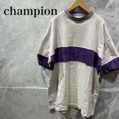 【美品】チャンピオン メンズ L グレー パープル ボーダー 半袖 Tシャツロゴ