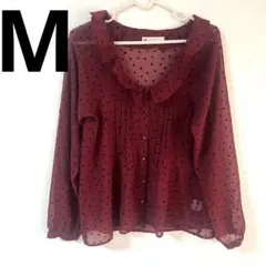 レディース M シフォンブラウス ボルドー ハート柄 フリル襟長袖ブラウス