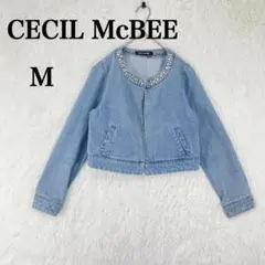 【セシルマクビー】ノーカラーデニムジャケット ビジュー ショート丈 M 水色
