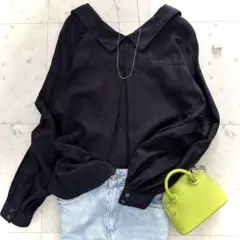 美品 スローブイエナ 長袖シャツ コ　リネン混　 ウォッシュブル可　ネイビー