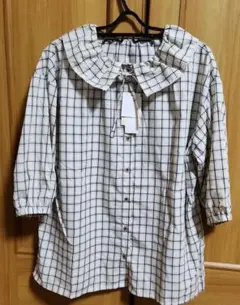 チェック柄 五分袖フンワリ襟　シャツ M