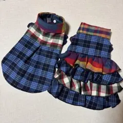 ハンドメイド　犬服チェック柄4段フリル付きワンピース　シャツセット