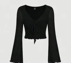 SHEIN MOD ブラック フリル長袖クロップトップ