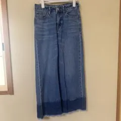 ワイドレッグデニム フリンジ裾 ダークブルー