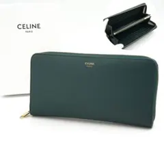✨Aランク✨　CELINE 長財布　ラージジップドウォレット　カーフスキン　緑色のサムネイル