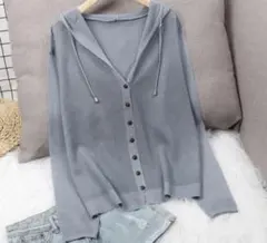 フード付き カーディガン ブルー フリーサイズ