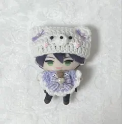 ぬい服　10cm 猫耳ニット帽、スタイセット　ハートくま　紫