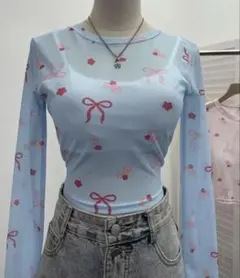 ⭐︎新品✨リボン フラワー　シアートップス バックオープン 水色
