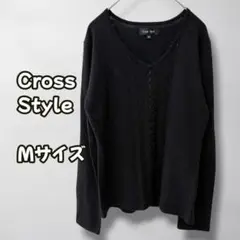 N1028　ニットカットソー　長袖　装飾デザイン　薄手　ブラック　M