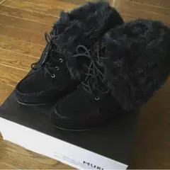 スエード ショートブーツ ブーティー ブラック ファー付き