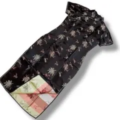 美品 チャイナドレス ワンピース ブラック 刺繍 花柄 クラシカルチャイナ