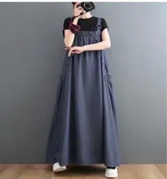 2L ロング ワンピース シャツ　デニム Aライン 春　オーバーオール c2