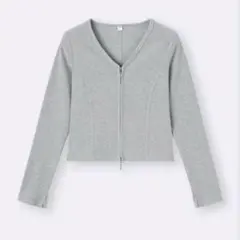 リブダブルジップVネックカーディガン グレー