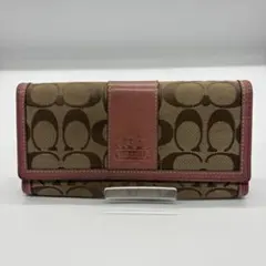 COACH コーチ 長財布 シグネチャー ピンク ベージュ レザー 使用感あり