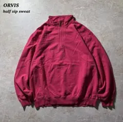 ORVISハーフジップソリッドスウェット古着フェードレッド Lコットン短丈ワイド
